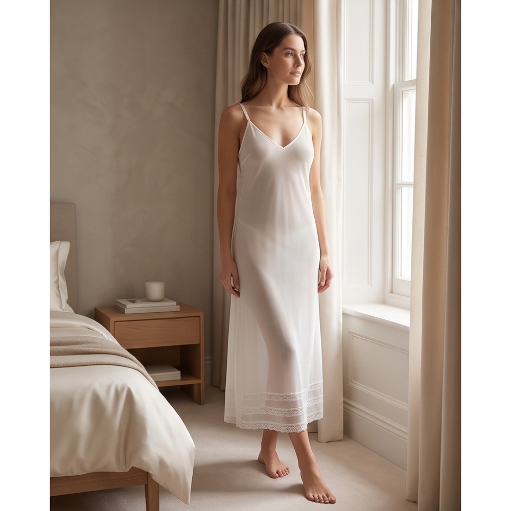 Vintage Lorraine White Nylon Lace Trim Long Slip Dress Tall 34